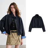 TOYOUTH Women Slub Cotton Jackets 2026 Spring New Cropped Tulip Silhouette Striped Cuff - Turn Up Stand Collar Tops