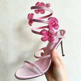 Aneikeh Sexy CRYSTAL Flower Narrow Band Ankle Strap Sandals Woman Thin High Heels Street Style  Pole Dancing Ladies Shoes