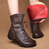 Genuine Leather Plush women's short Boots Retro Casual Autumn Winter Women Boots Waterproof warm Snow boots Plus Size 42