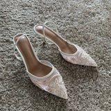 2026 String Bead Mesh Embroider Slingback High Heels Women Sexy Pointed Toe Heeled Sandals Summer Elegant Luxury Designer Shoes