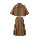 Women's Autumn New Short Zipper Jacket Short Sleeved Top High Waisted Pleated Lantern Flower Bud Half Skirt Set