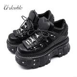 2026 New Punk Style Women Shoes Lace-up Heel Height 6CM Platform Shoes Woman Gothic Ankle Rock Boots Metal Decor Woman Sneakers