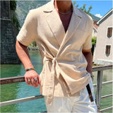 2025 Summer New Casual Fashion Commuting Comfortable Men's Solid Color Cotton and Hemp Suit Collar Strap Short Sleeve Shirt