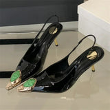 Aneikeh Street Style Design Metal Square Head Diamonds Woman Pumps Sandals Elegant Sexy Low-heel Banquet Prom Slingbacks Shoes