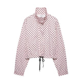 HH Fashion Women's Polka Dot Print Short Coats Autumn Long Sleeves Turtleneck Zipper With Pockets Drawstring Casual Jacket