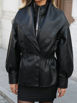 Ailegogo New Spring Autumn Women Vintage Loose Elastic Waist Zipper Black Faux Leather Jacket Outwear