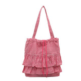 Large Capaci Cute Plaid Cotton Tote Bag  Lace Trim Women's Summer 2025 Simple Lady Handbag Soft Shoulder Bags Bolsa Feminina