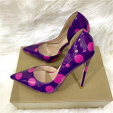 Veowalk Polka Dot Women Purple D'Orsay Side Cut Pointed Toe Stiletto Pumps Comfortable Elegant 8cm 10cm 12cm High Heel Shoes