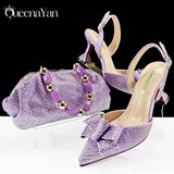Queena Yan Newest Full of Rhinestone Design Olive Color Lady Sheos and Metal Bead-Embellished Handbag Set for Parrt Wedding
