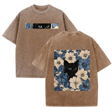 Vintage Washed Black Cat Floral T Shirt Double Sided Print Streetwear Casual Tee
