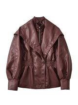 Ailegogo New Spring Autumn Women Vintage Loose Elastic Waist Zipper Black Faux Leather Jacket Outwear