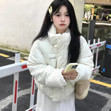 Women's Kawaii Polka Dot Down Cotton Jacket Korean Button Patchwork Corduroy Short Parkas Y2K Stand Collar Puffer Warm Jacket