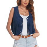 Women Faux Suede Ethnic Sleeveless For Jacket Rivet Fringe Tassels Hippie Open Front Cardigan Vintage Cowgirl Waistcoat Vest