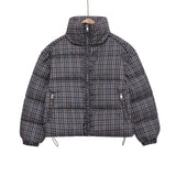 Stylish Plaid Puffer Anorak for Women Winter Brown Padded Jackets High Neck and Long Sleeves Zipper Outwears with Adjustable Hem