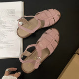 DIMANYU Women's Roman Sandals 2026 Summer New Flat Retro Real Leather Ladies Sandals Hollowed Women's Cage Shoes