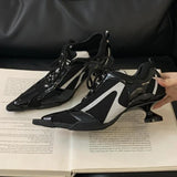 Silver Lace-up Sports Heels Women Fashions Pointed Toe Strange Style Mesh Sneakers Elegant Punk Shoes Female Luxury Brands Pumps