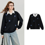 TOYOUTH Women Sweatshirt 2025 Autumn New Denim Flower Embroidery Fake Two Piece Splicing Turn Down Collar Cotton Casual Pullover