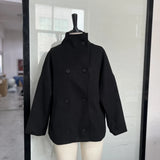 Fashion Short Woolen Coat For Women Stand Collar Full Sleeve Loose Zipper Jacket Female 2025 Spring Autumn Solid Lady Outwear