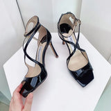 Luxury Sequined Women Gladiator Sandals Summer Designer Shoes for Women 2026 Square Head Hollow High Heels Fashion Ladies Shoes