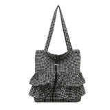 Large Capaci Cute Plaid Cotton Tote Bag  Lace Trim Women's Summer 2025 Simple Lady Handbag Soft Shoulder Bags Bolsa Feminina