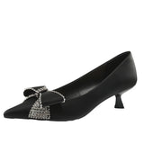 High Quality Satin Rhinestone Bowknot Design Kitten Heel Pumps Women Pointed Toe Elegant Party Shoes Luxury Wedding Bride Heels