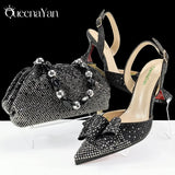 Queena Yan Newest Full of Rhinestone Design Olive Color Lady Sheos and Metal Bead-Embellished Handbag Set for Parrt Wedding