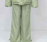 Women Striped Hooded Puffer Two Piece Outfit Oversized Cropped Jacket Baggy Pants Set Daily Outdoor Fashion Matching Outfit