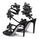 Aneikeh Sexy CRYSTAL Flower Narrow Band Ankle Strap Sandals Woman Thin High Heels Street Style  Pole Dancing Ladies Shoes