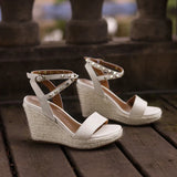 Women's genuine leather hemp wedge platform high heel ankle strap sandals open toe narrow band summer heels pumps daily shoes