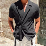 2025 Summer New Casual Fashion Commuting Comfortable Men's Solid Color Cotton and Hemp Suit Collar Strap Short Sleeve Shirt