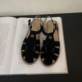 DIMANYU Women's Roman Sandals 2023 Summer New Flat Retro Real Leather Ladies Sandals Hollowed Women's Cage Shoes