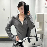 American Vintage Hooded Long Sleeve Jacket Women Autumn Winter Casual Slim Cardigan Top Harajuku Solid Y2k Zipper Clothes 2025