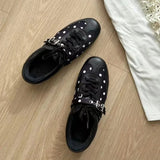 Korean Style Black Polka Dot Sneakers Women Spring 2026 Luxury Metal Decoration Designer Vulcanize Shoes Woman's Sports Shoes