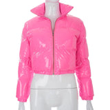 Fashion Cute Women Bright PU Pink Puffer Jacket Winter Warm Bubble Coats Shiny Leather Parkas Down Zipper Cropped Jackets Parkas