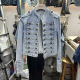Retro Denim Military Jacket Women Vintage Solid Single Breasted Stand Collar Slim Short Jackets 2026 Lady Daily Street Outerwear