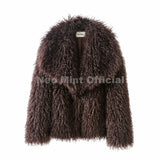 Neo Mint 2025 Winter Lulicore Fashion Brown Faux Fur Coat Women Chic Autumn Warm Fluffy Sheep Fur Jacket Big Fur Collar Overcoat