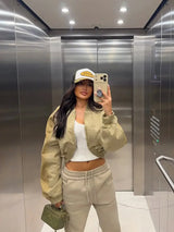 Fashion Short Bomber Jacket Women Casual Long Sleeve Round Neck  Zipper Loose Cropped 2026 Jackets Lady Spring Street Outerwear
