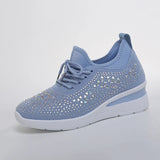 Women's Rhinestone Embellished Knit Mesh Wedge Sneakers, Adjustable Lace-Up Closure, Daily Walking Casual Footwear