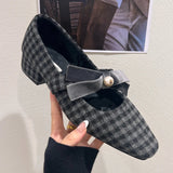 Elegant Chunky Heel Mary Jane Shoe for Women Bowknot Pearls Decoration Plaid Print Design Autumn Pumps Fashion Party Dress Heels