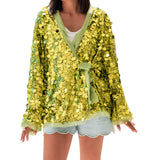 Shiny Sequin Cardigan for Women Trendy V Neck Front Wrap Tie Long Sleeve Coat Ladies Fashionable Sparkling Pullover Tops Punk