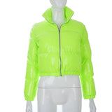 Fashion Cute Women Bright PU Pink Puffer Jacket Winter Warm Bubble Coats Shiny Leather Parkas Down Zipper Cropped Jackets Parkas