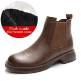 DRKANOL Fashion Women Thick Heel Ankle Boots Autumn Winter Warm Shoes Round Toe Real Cowhide British Style Slip On Chimney Boots