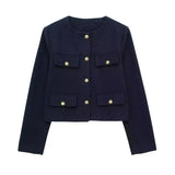 HH Women Vintage Solid Coat Button Long Sleeve O Neck Jacket With Pocket 2024 Spring Elegant Female Casual Outerwear Jakcet