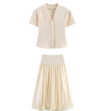 Summer minimalist style V-neck slim fit structured knit short sleeved knitted jacket with suspender short top and half skirt