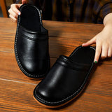 Luxury Men Leather Handmade Women Home Slippers Autumn Winter Plush Slip on Soft Black Brown Bedroom Indoor Flat Men Shoes