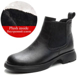 DRKANOL Fashion Women Thick Heel Ankle Boots Autumn Winter Warm Shoes Round Toe Real Cowhide British Style Slip On Chimney Boots