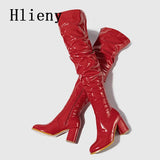 Hlieny 2026 Winter New Thigh High Boots Fashion Patent Leather Round Toe Zip Female Square Heels Pleated Design Women's Shoes