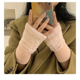 Soft Winter Half Finger Gloves Women Warm Luxury Solid White Plush Knitted Fingerless Gloves Wrist Mitten Writing Winter Gloves