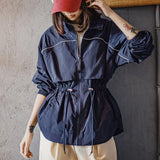 Maden Women's Lightweight Stand Collar Short Windbreaker Jacket Navy Blue Contrast Parka with Waist Cinching for Spring and Fall