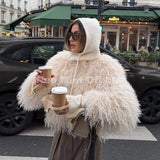 Neo Mint Chic Street Girls Round Neck Faux Mongolia Sheep Fur Coat Women 2025 Winter Fluffy Warm Fur Jacket Cropped Outerwear